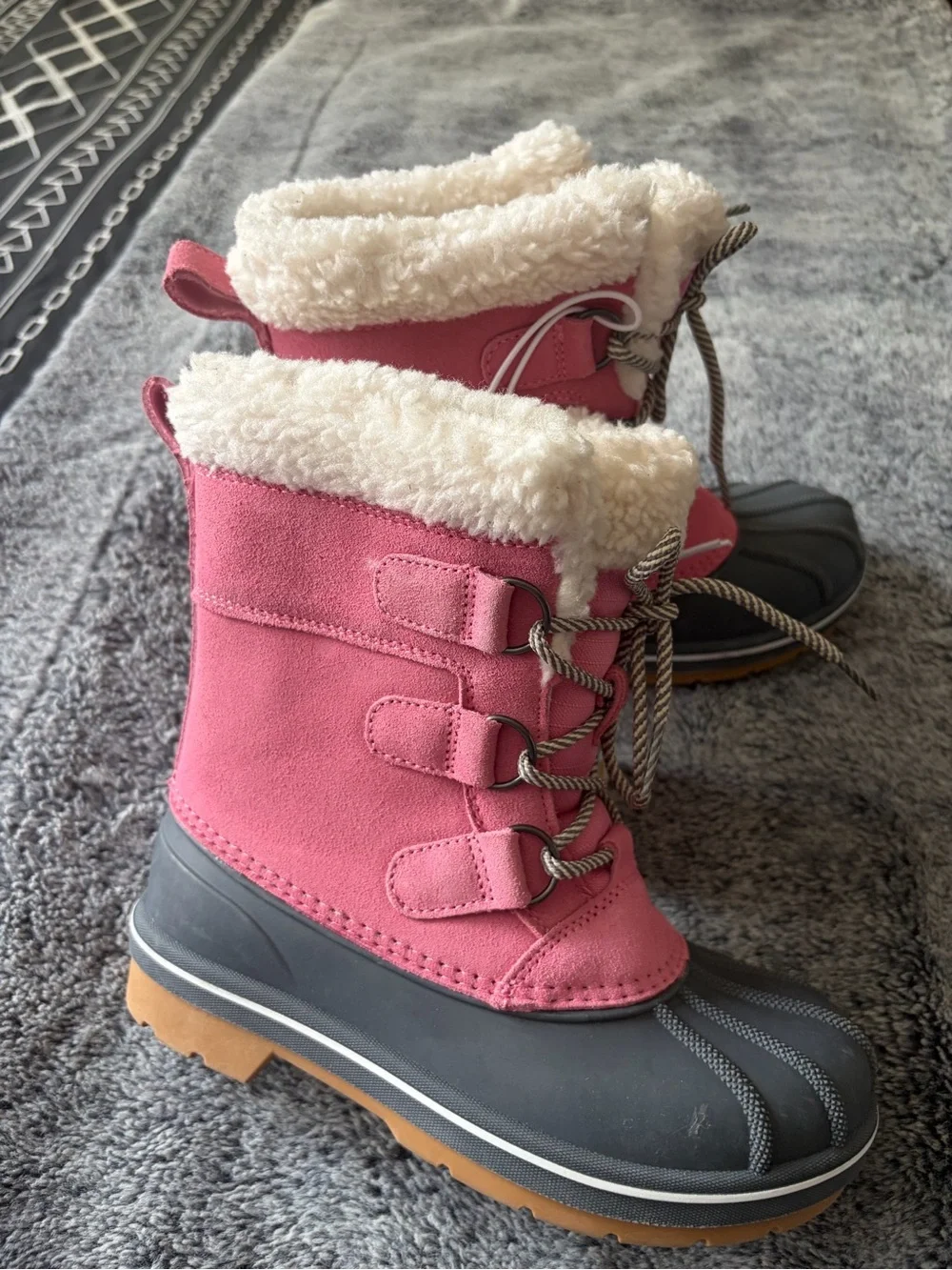 Cat & Jack Pink and Gray Kids Winter Duck Boots with Faux-Sherpa Cuff